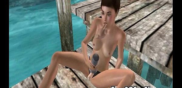  3D babe uses a fleshlight on her strap on dildo